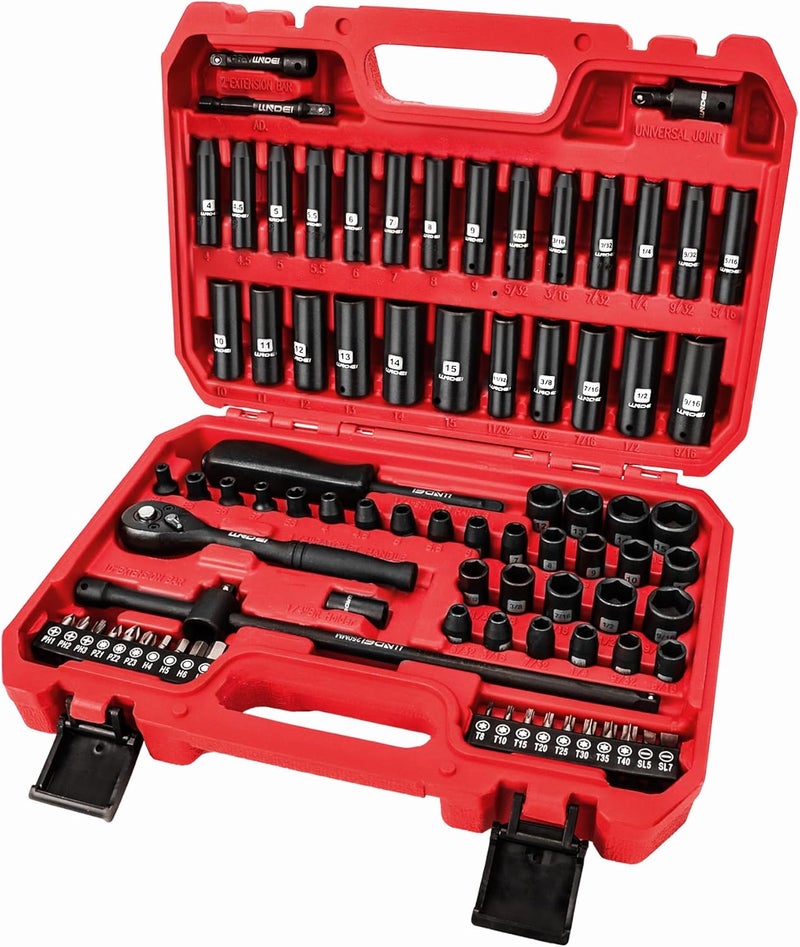 LLNDEI 1/4 inch Drive Impact Socket Set 83 Piece,Standard SAE(5/32-9/16 inch) Metric Size(4-15mm),72T Ratchet Wrench Handle,CR-V Mechanics Tool Set with Adapter,Screwdriver Bits for Automotive Repair - Image 1